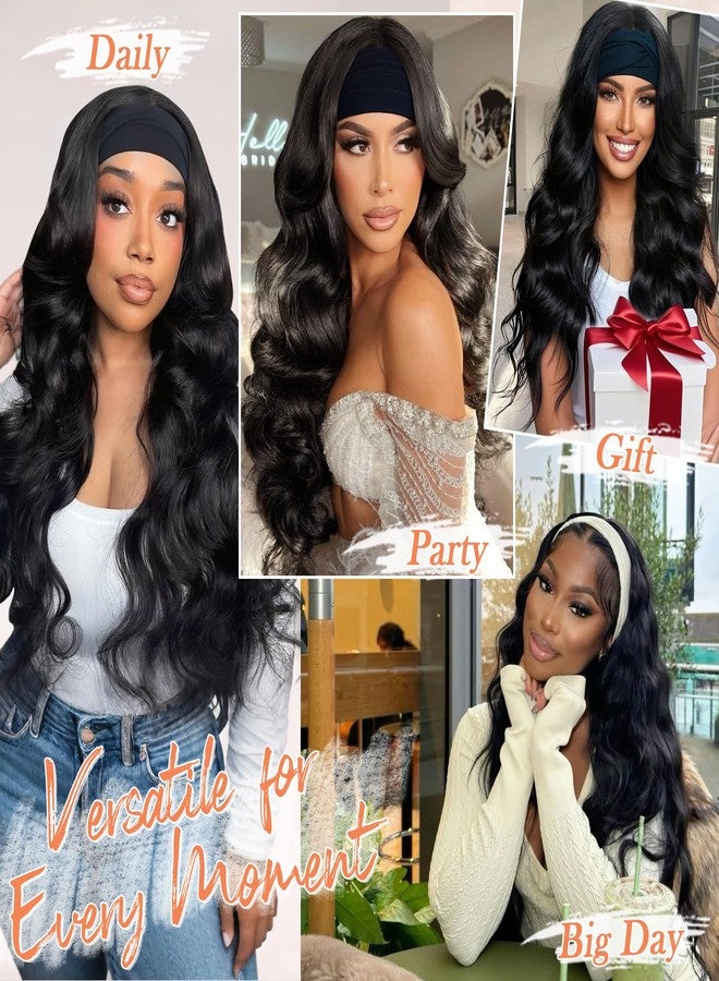 BARSDAR Long Body Wave Black Headband Wig - Black Loose Body Wavy Headband Wig for Women - 26 Inch Thick Soft Synthetic Wear and Go Glueless Wigs Natural Looking Easy Wear Head Band Wigs - Image 5